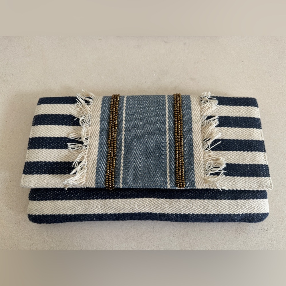 Roberta Roller Rabbit denim Blue and white striped cotton clutch